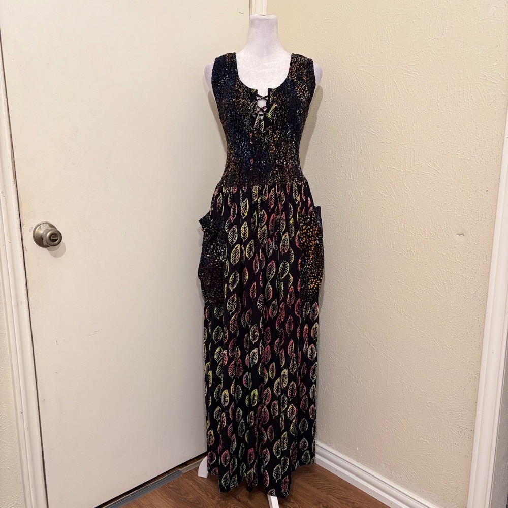 Lotus Traders Peasant Boho Leaf Print Batik Smocked Lace Up Maxi Dress One Size